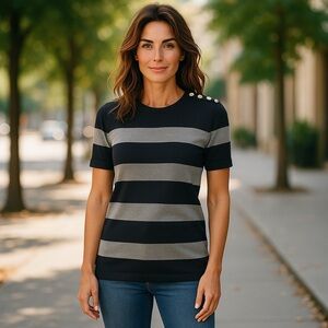 Womens ANN TAYLOR NAVY GRAY STRIPE SHORT SLEEVE GOLD BUTTONS SWEATER SIZ…